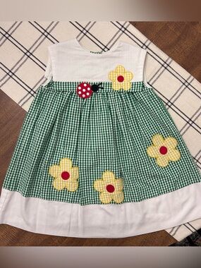 Vintage Samara Dress Girls 6 Ladybug Flower Green Gingham